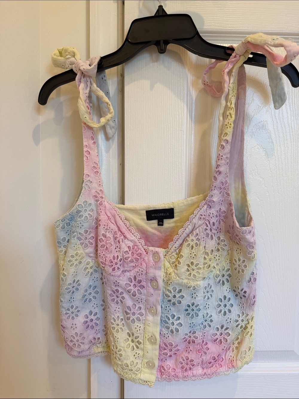 MAJORELLE Pastel Tie-Dye Eyelet Tie-Shoulder Crop Top